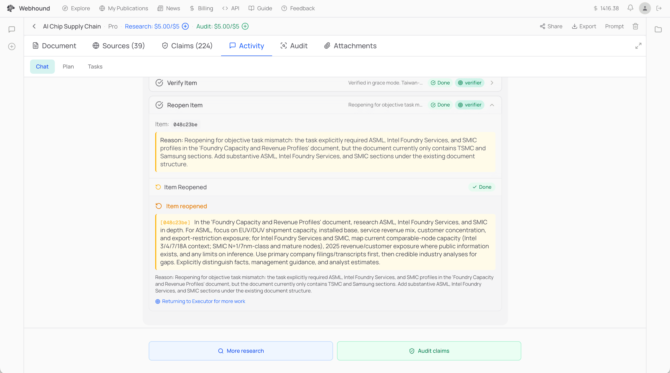 The Activity tab showing a verifier agent reopening a task it disproved, with the reason and the new instructions sent back to the executor
