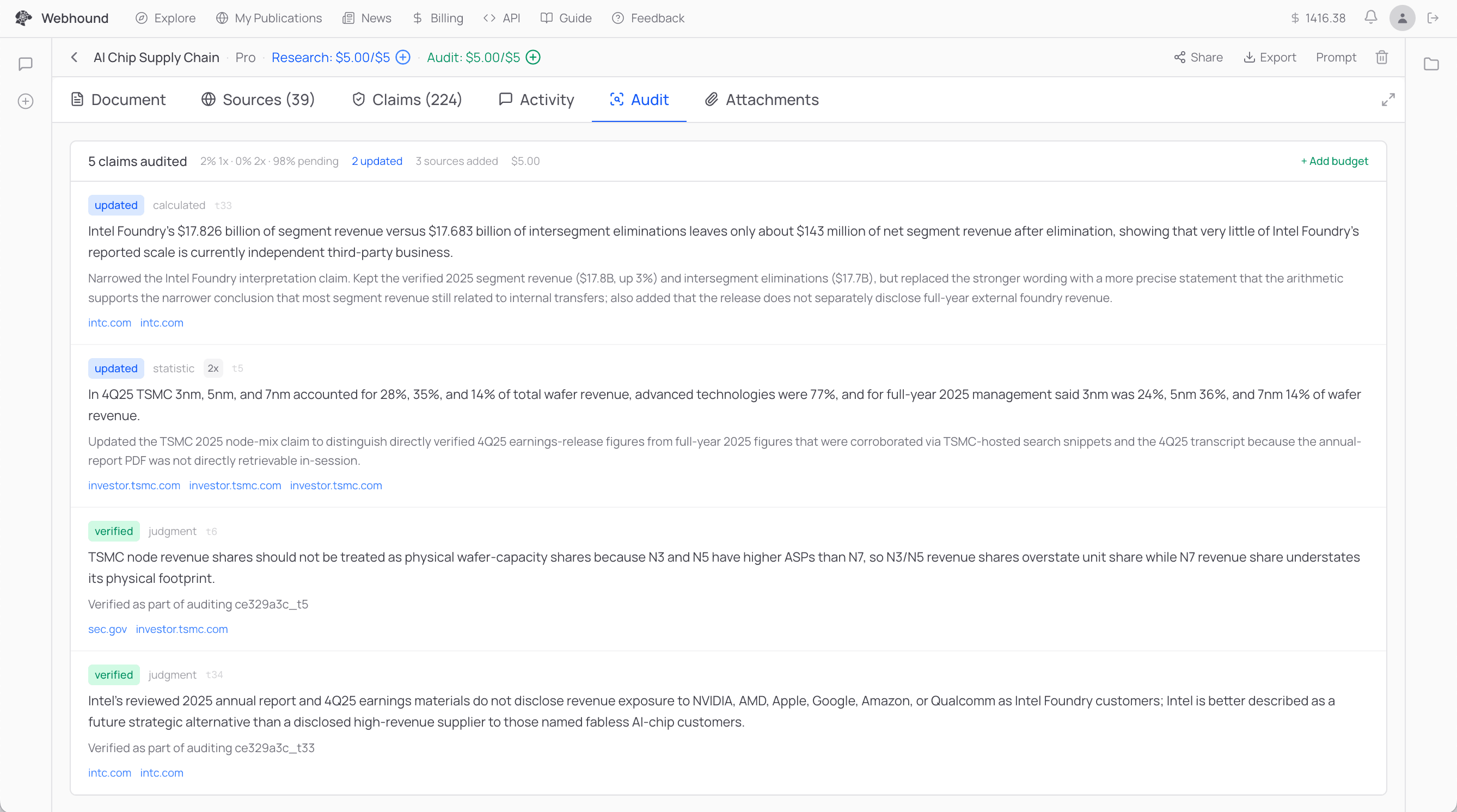 The Audit tab of a Webhound report showing 5 claims audited, 2 updated with narrowed wording, and 2 verified against new sources